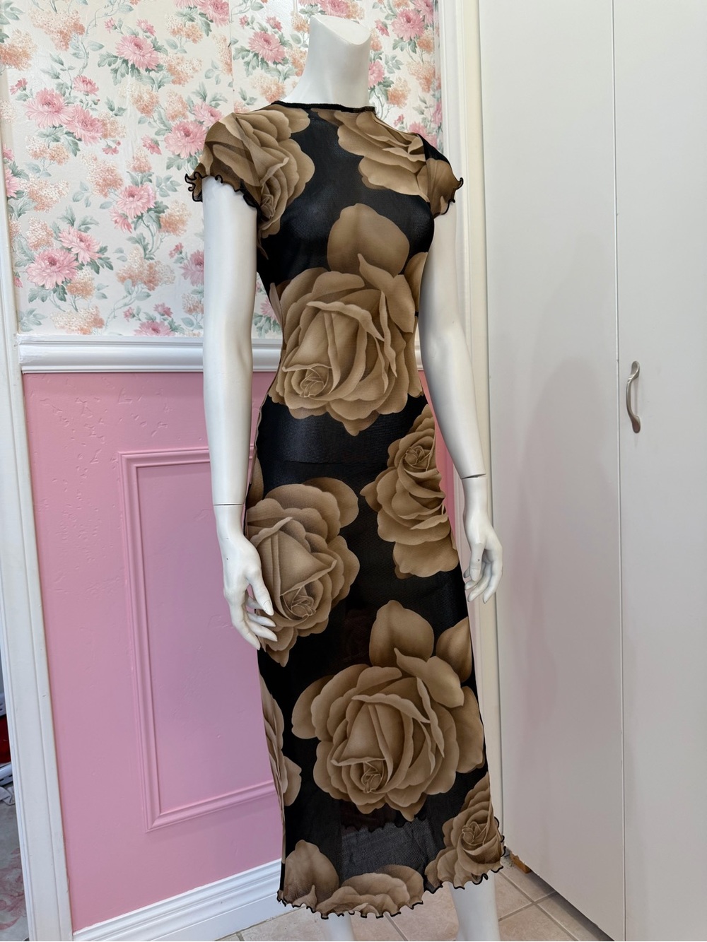 Y2k mesh Black & Tan Rose Print Bodycon Midi Dress